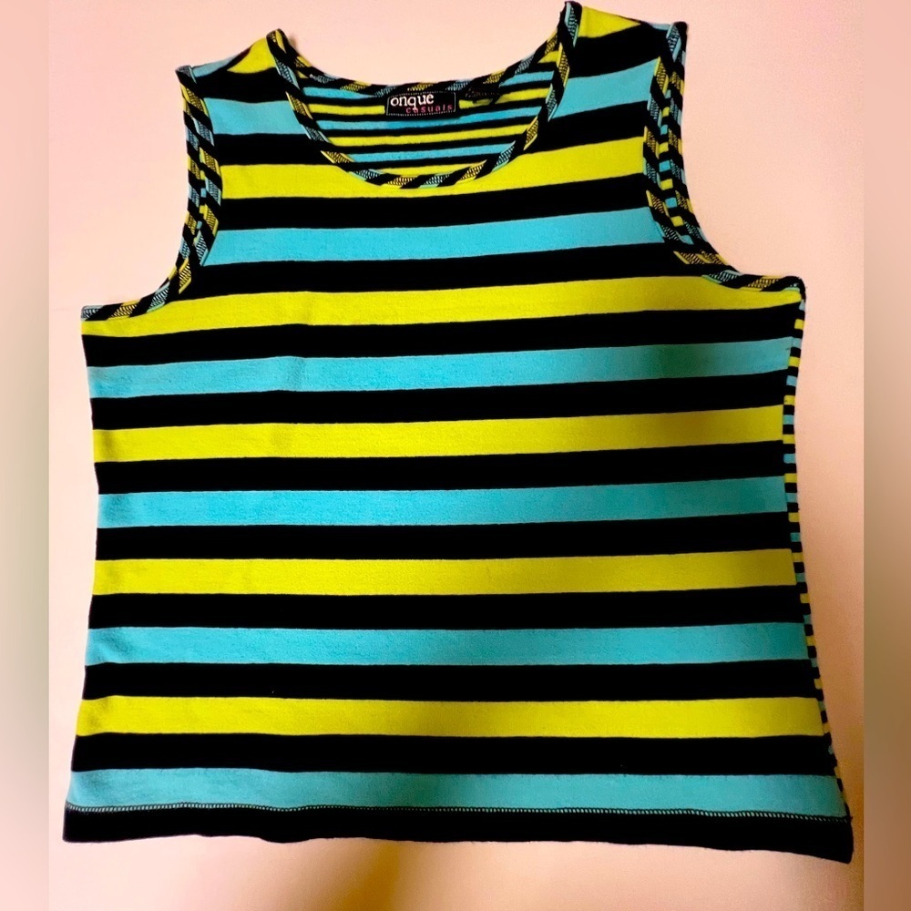 ONQUE CASUALS VIBRANT STRIPPED TANK TOP SIZE SMALL. LIME GREEN/BLACK & LT BLUE